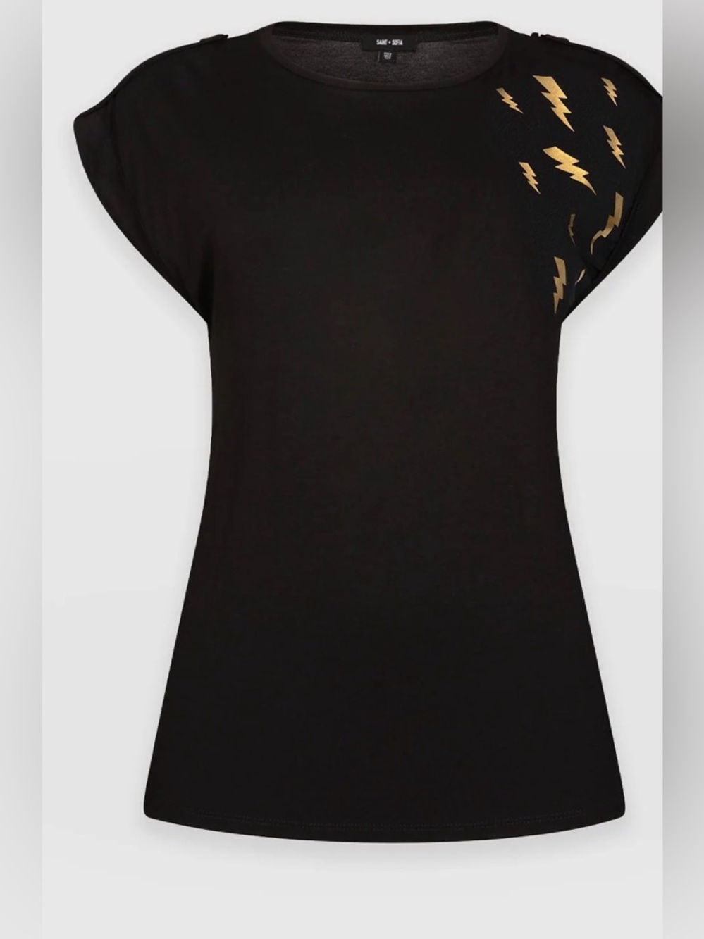 Saint + Sofia Woman's Black Short Sleeve Tee with Gold Lightning Motif - Picture 10 of 10